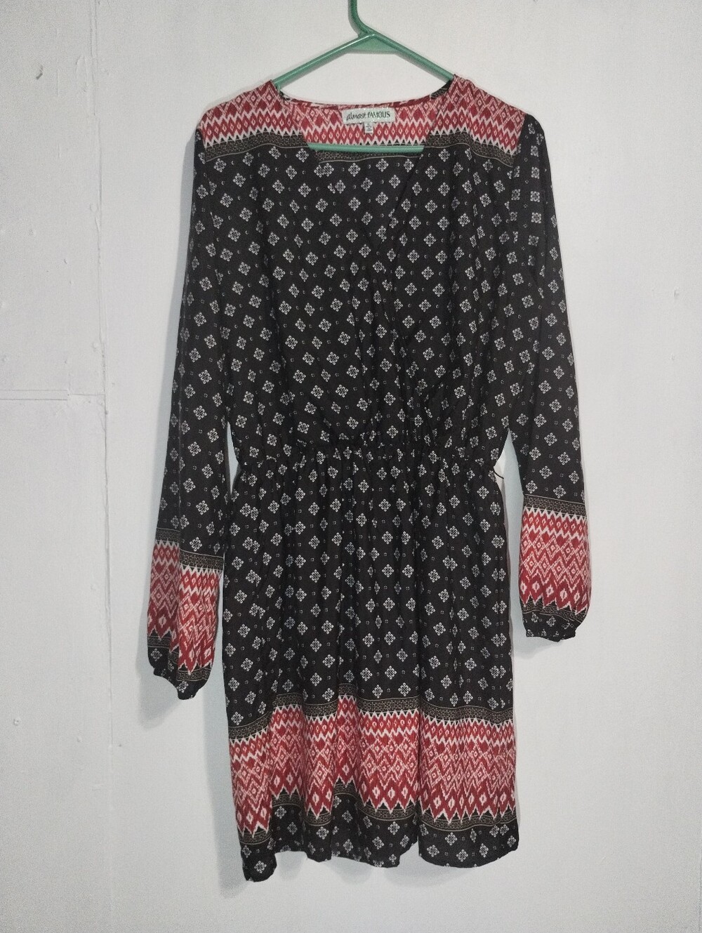 Almost Famous Black Dress with Red Geometric Trim - Long Sleeve